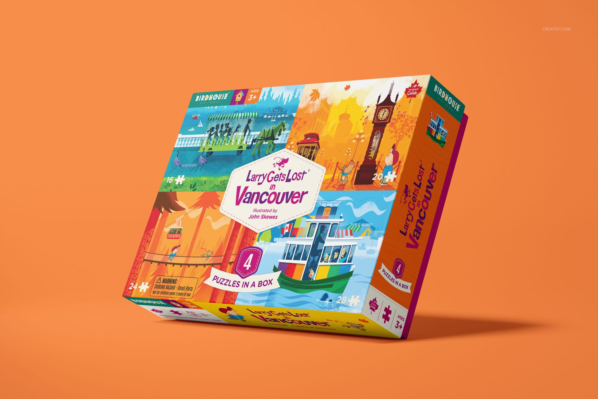 Puzzle game box mockup with bright artwork and urban landmarks, displayed against a solid orange backdrop.