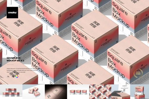 PSD mockup of square boxes with gradient shades of pink and gray, shown in a repeating layout from above.