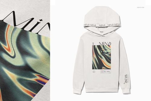 Oversized white hoodie with large hood, abstract swirl graphic on front, and text details, front view mockup.