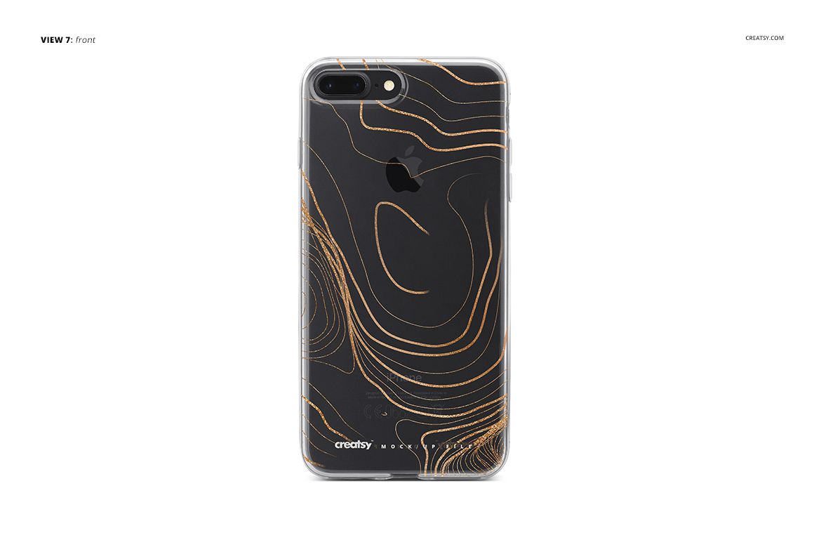 PSD mockup of a transparent iPhone 7 Plus case with curved gold and orange lines, displayed against white.