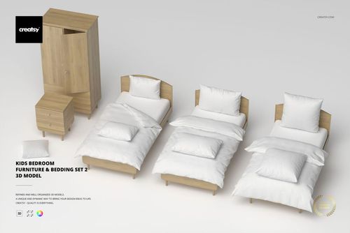 Three wooden kids beds with white bedding, a matching nightstand, and a wardrobe arranged on a light background, front view.