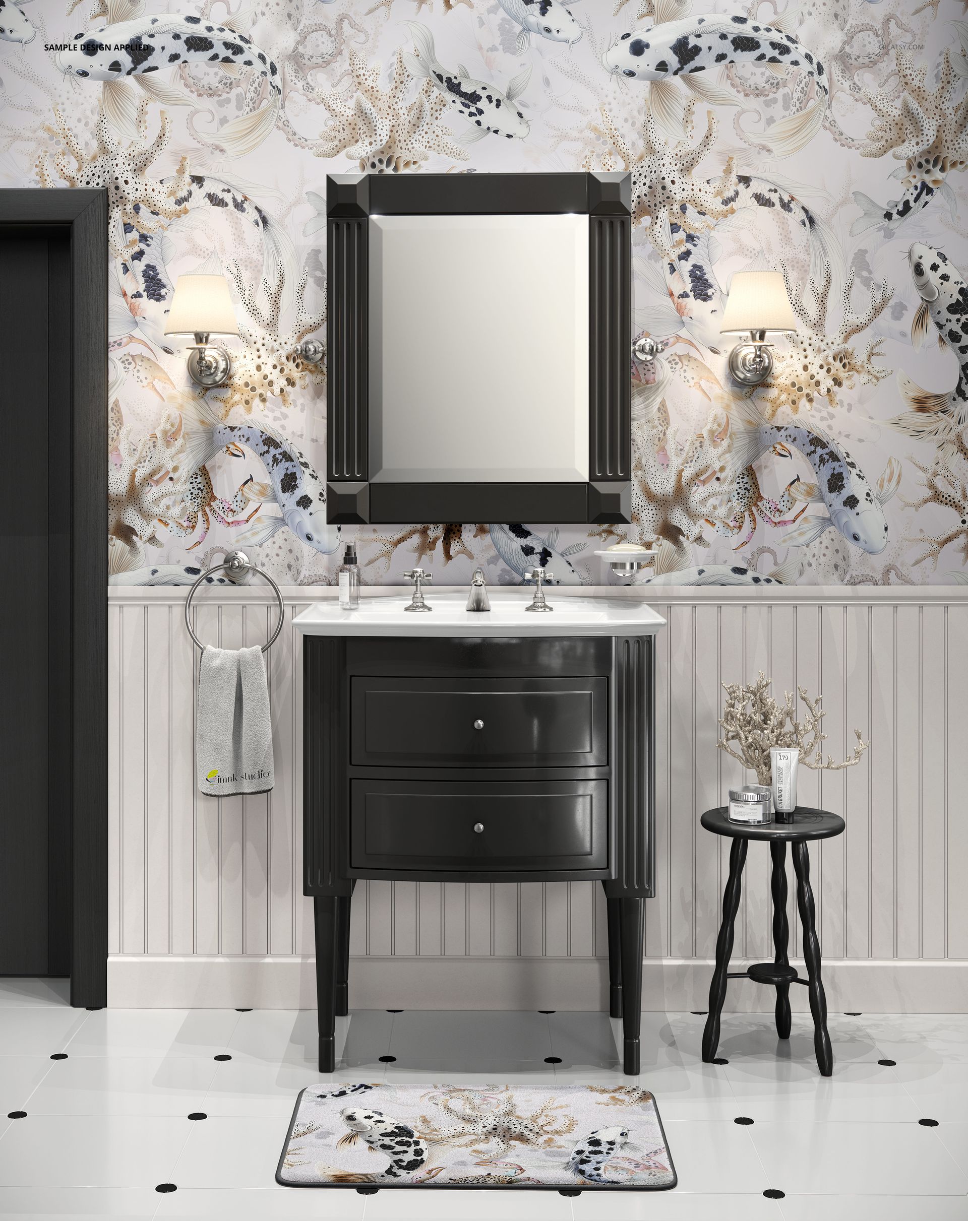 Elegant bathroom scene featuring ornate wallpaper, black furniture, and a framed mirror in a PSD mockup setting.