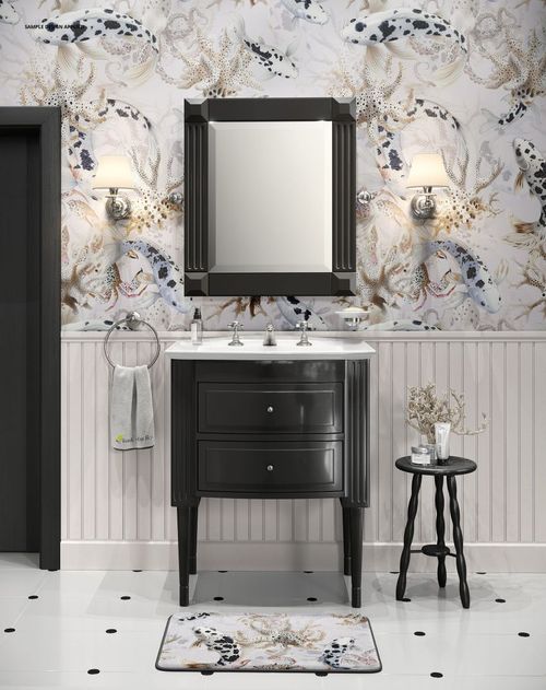 Elegant bathroom scene featuring ornate wallpaper, black furniture, and a framed mirror in a PSD mockup setting.