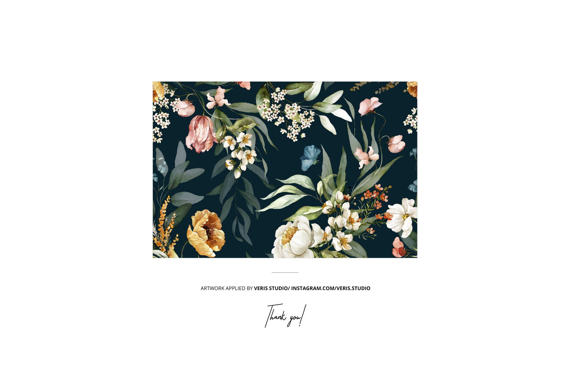 Fabric roll mockup featuring a floral pattern with green leaves and colorful flowers on a dark background, front view.