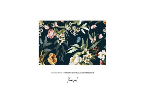 Fabric roll mockup featuring a floral pattern with green leaves and colorful flowers on a dark background, front view.