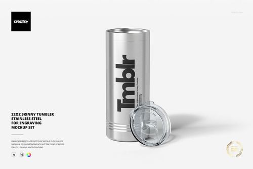 22oz stainless steel tumbler mockup displayed standing with its transparent lid placed beside, set against a plain backdrop.
