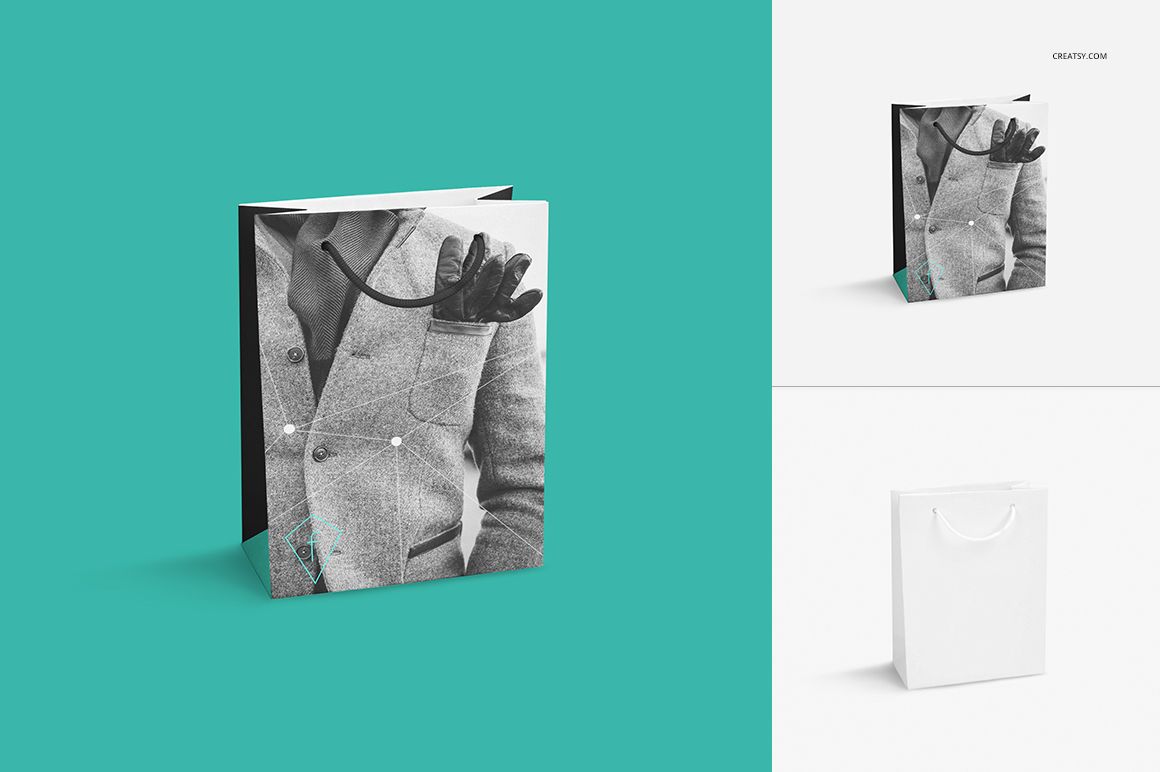 Front view of a paper bag mockup with a grayscale suit and glove design, displayed on a teal background.