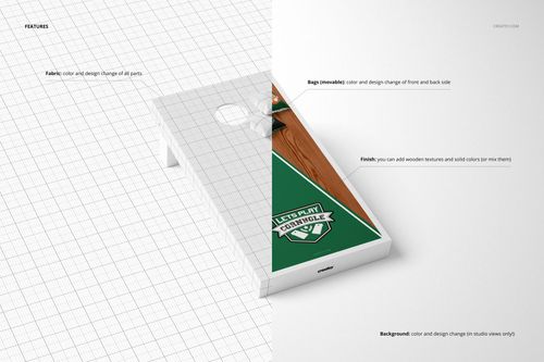 Cornhole board and bags mockup set shown in split view, with editable design areas and a grid background.