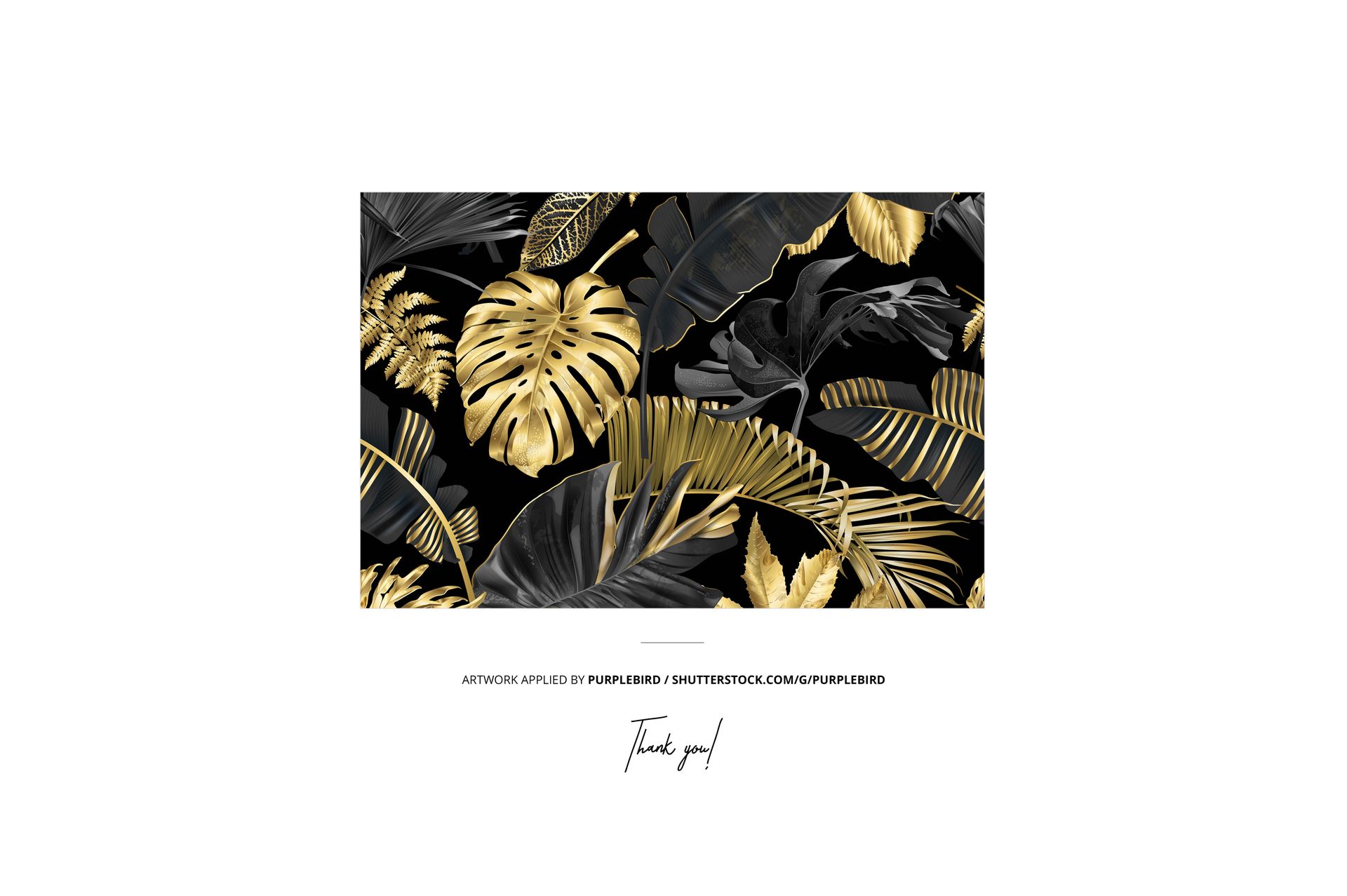 Rectangular mockup featuring a tropical leaf pattern in gold and black tones, displayed on a white background.