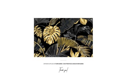 Rectangular mockup featuring a tropical leaf pattern in gold and black tones, displayed on a white background.