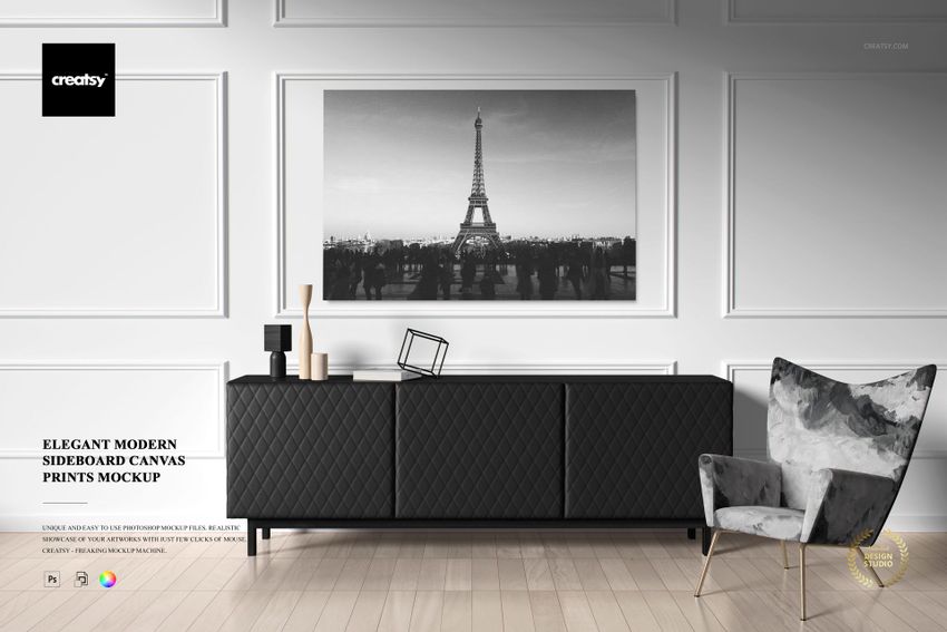 Elegant Modern Sideboard and Armchair Canvas Print Mockup - mockup screenshot 1