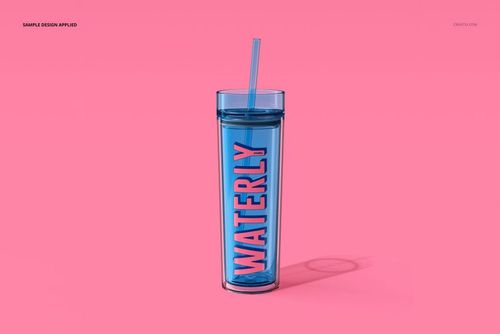 Double-wall acrylic tumbler mockup with blue transparent body and straw, front view on a solid pink background.