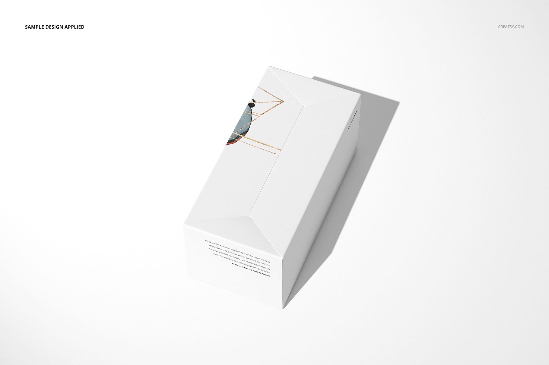 Snap lock bottom packaging box mockup in white, featuring a geometric fold pattern and partial graphic on the lid.