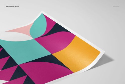 A3 fine art print mockup featuring a geometric abstract design in pink, teal, yellow, and navy, angled on a light surface.