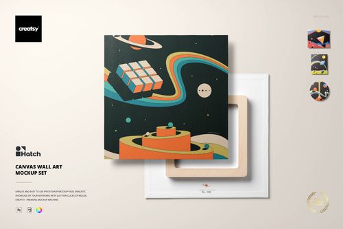 Square canvas wall art mockup featuring a colorful geometric space-themed design, shown from a front angle.