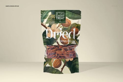 Front view of a paper pouch mockup featuring chopped pecans, with a botanical pattern and clear window display.