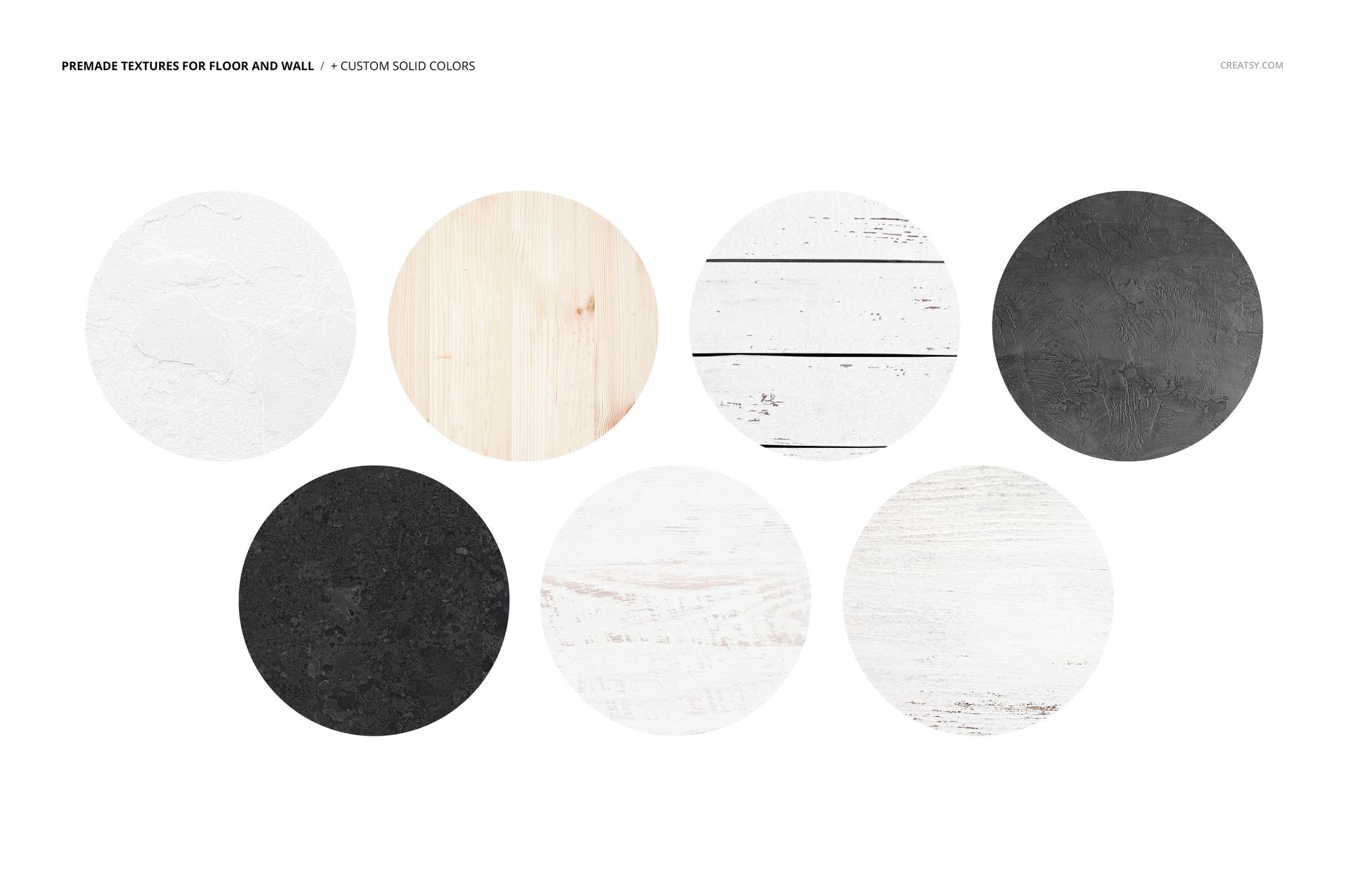 Seven round samples of various wall and floor textures, including wood, concrete, and painted finishes on a white background.