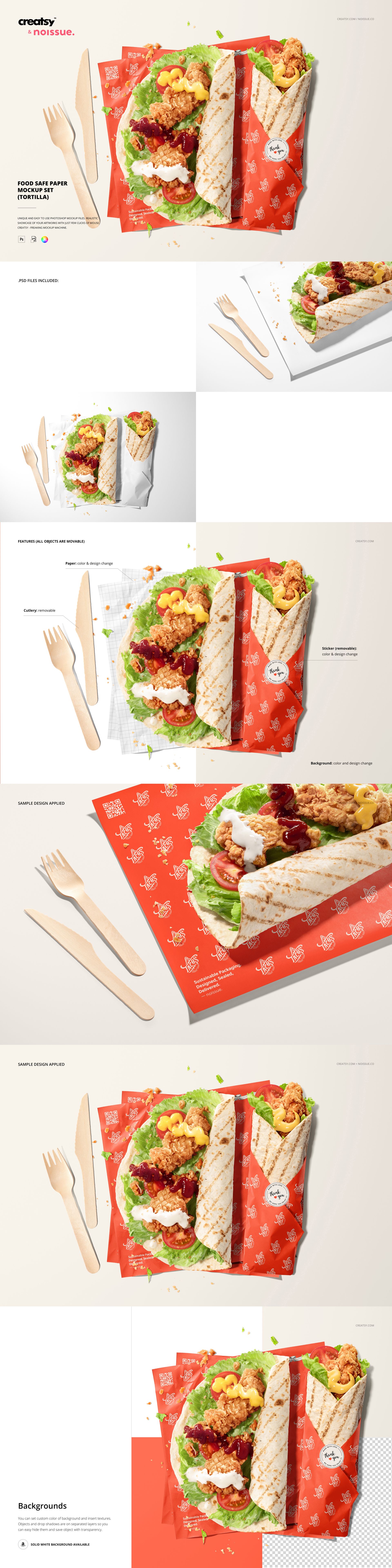 Food safe paper mockup featuring two sheets in red and white, with fried chicken, fries, and a wrap on top, front view.