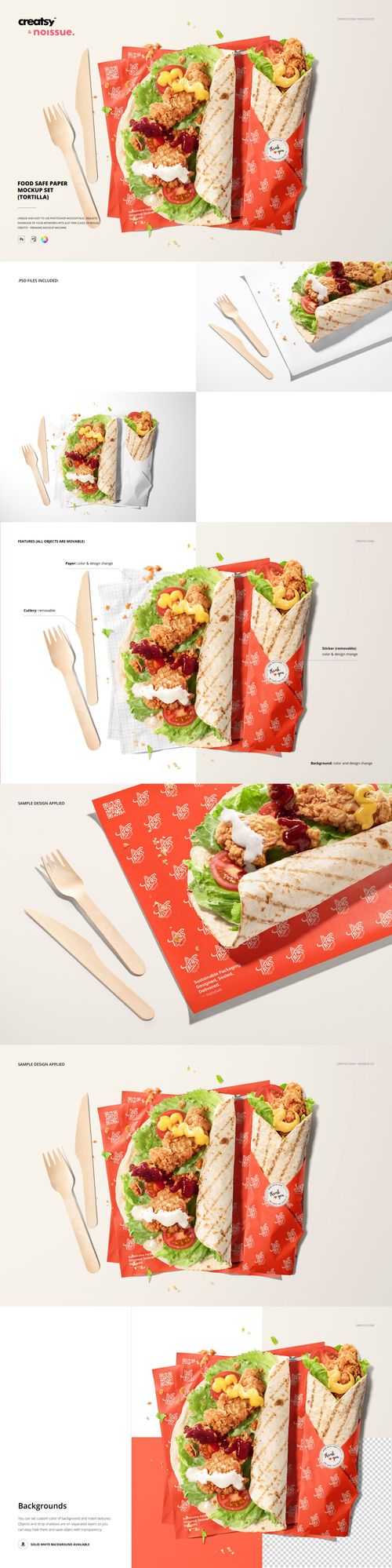 Food safe paper mockup featuring two sheets in red and white, with fried chicken, fries, and a wrap on top, front view.