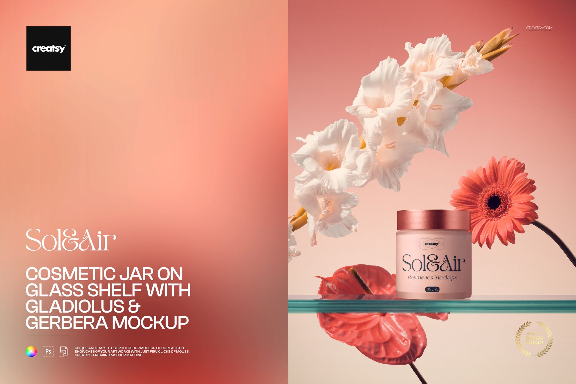 Front view of a cosmetic jar mockup on a transparent glass shelf with pink gladiolus and gerbera flowers as props.