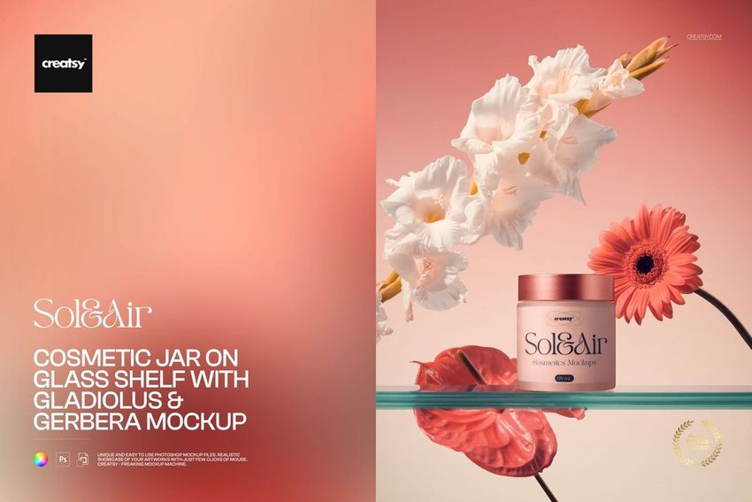 Front view of a cosmetic jar mockup on a transparent glass shelf with pink gladiolus and gerbera flowers as props.