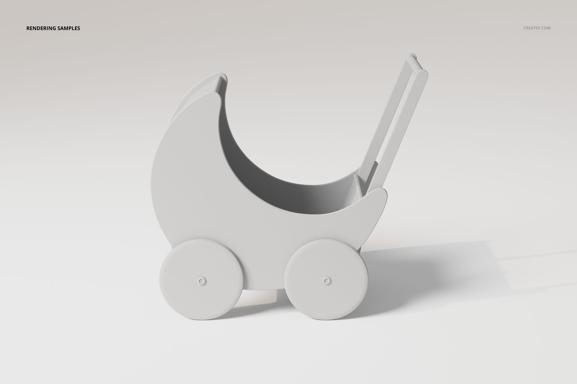 Minimalist baby doll stroller 3D model in light gray, side view showing rounded body and four wheels on plain background.