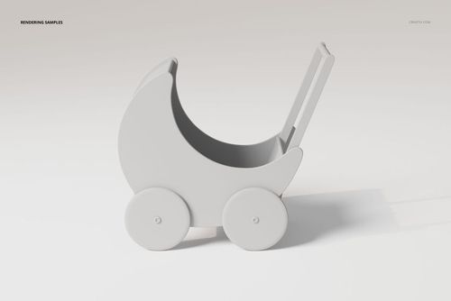 Minimalist baby doll stroller 3D model in light gray, side view showing rounded body and four wheels on plain background.