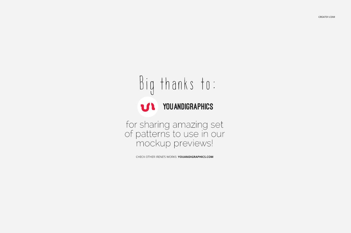 Centered text on a light gray background thanking Youandigraphics for sharing pattern designs for mockup previews.