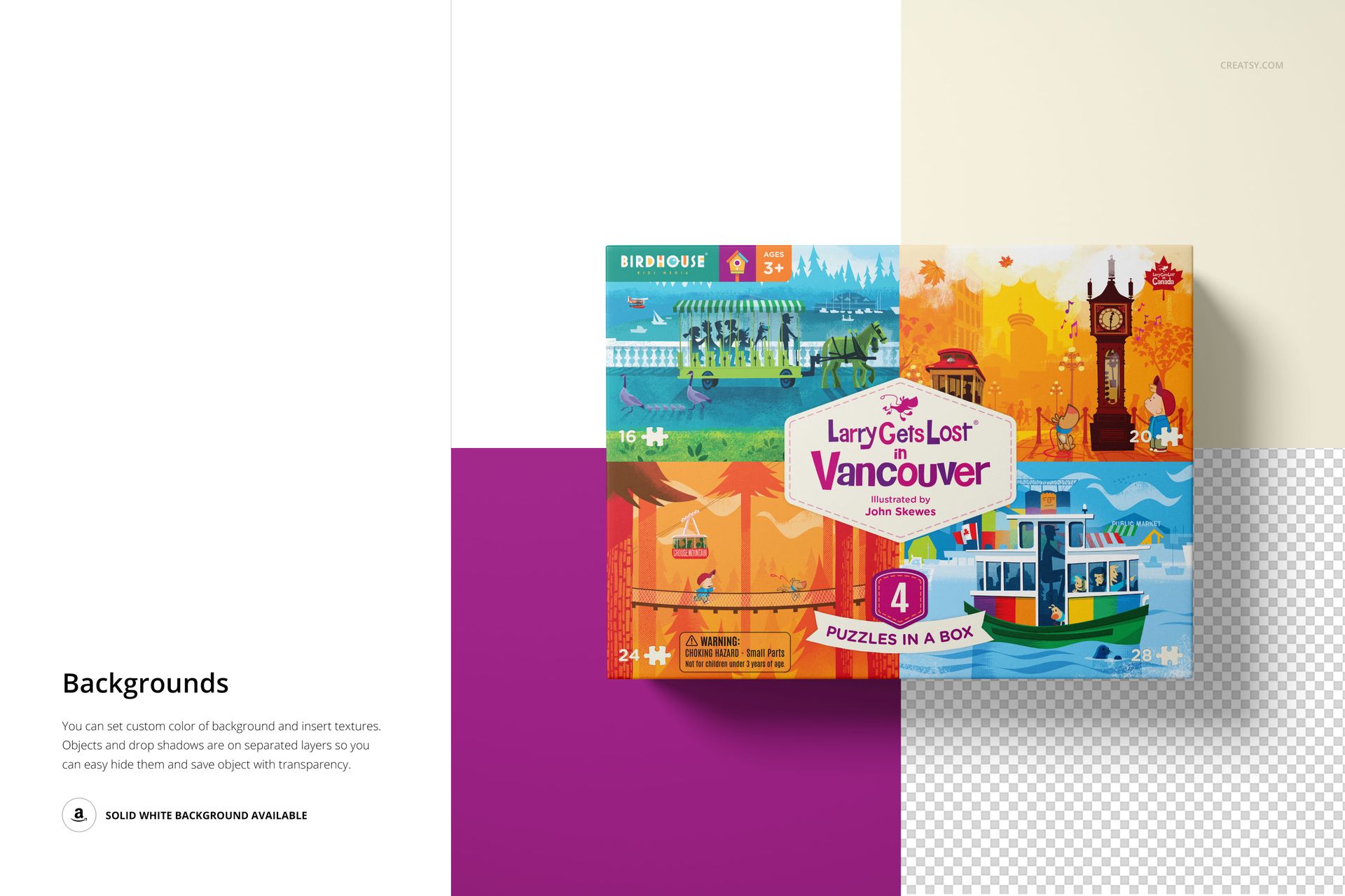 Puzzle game box mockup featuring vibrant artwork and city landmarks, shown from the front on a geometric background.