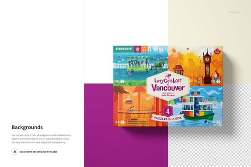 Puzzle game box mockup featuring vibrant artwork and city landmarks, shown from the front on a geometric background.