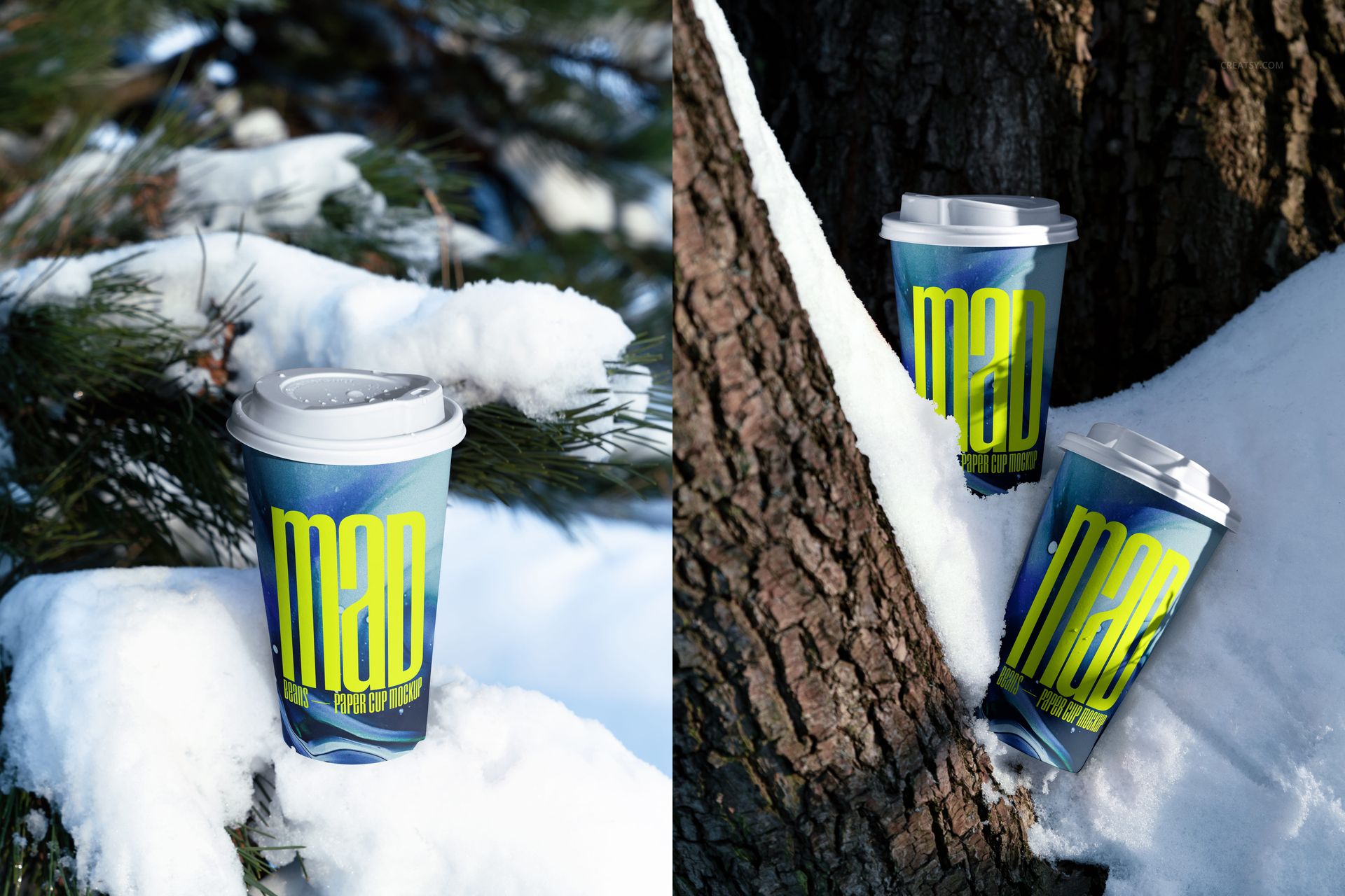 Winter-themed PSD mockup showing paper cups with white lids and colorful designs nestled in snowy tree bark and branches.