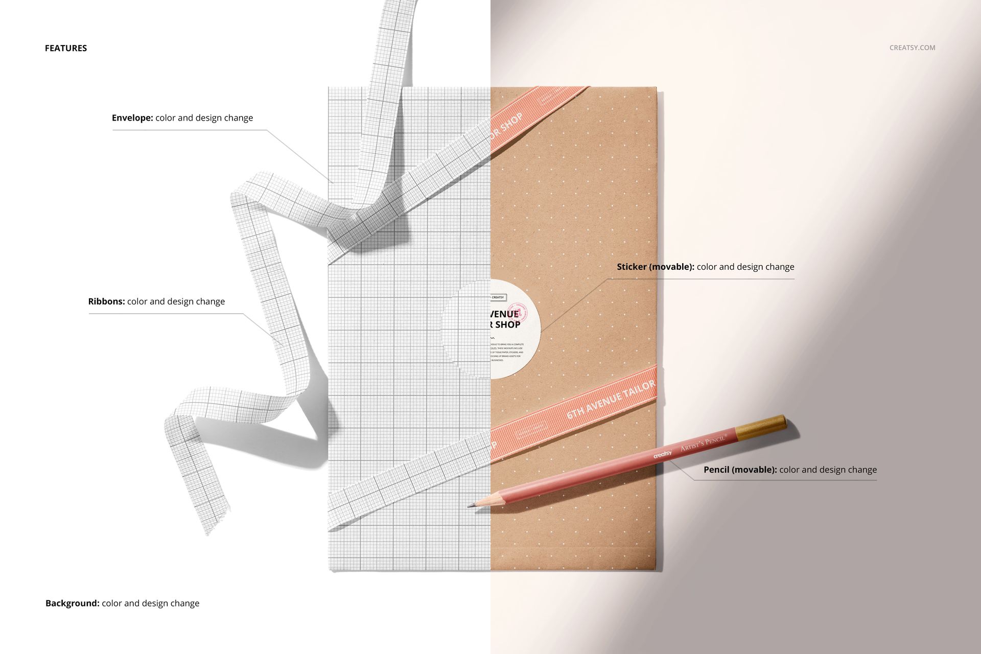 Shipping envelope mockup shown from a top view, with ribbons, stickers, and a pencil on a neutral background.