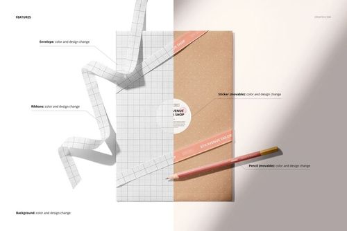 Shipping envelope mockup shown from a top view, with ribbons, stickers, and a pencil on a neutral background.
