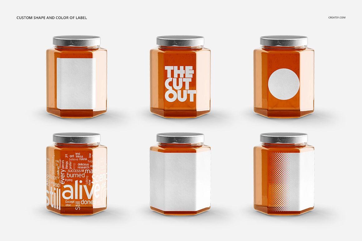 Honey jar PSD mockup displaying various label shapes and placements, with jars filled with amber honey and metallic lids.