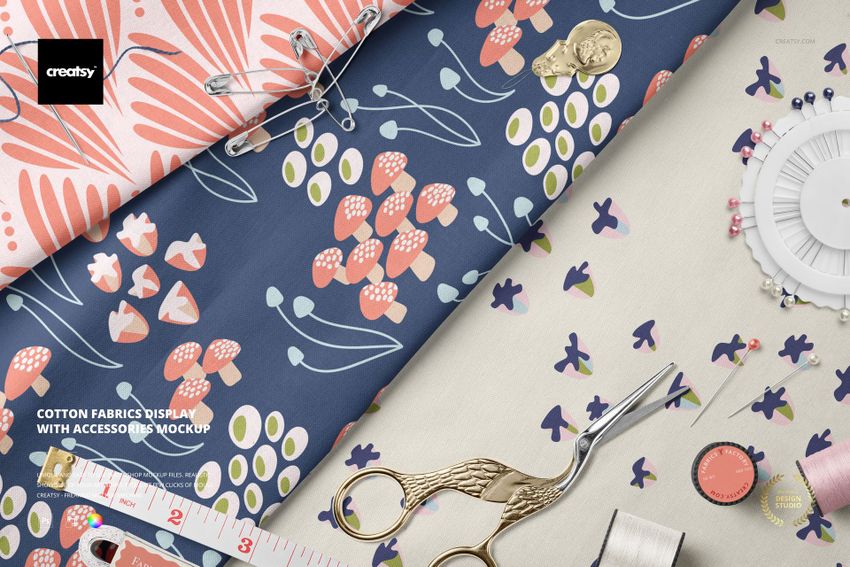 Cotton Fabrics Display with Accessories Mockup - mockup screenshot 1