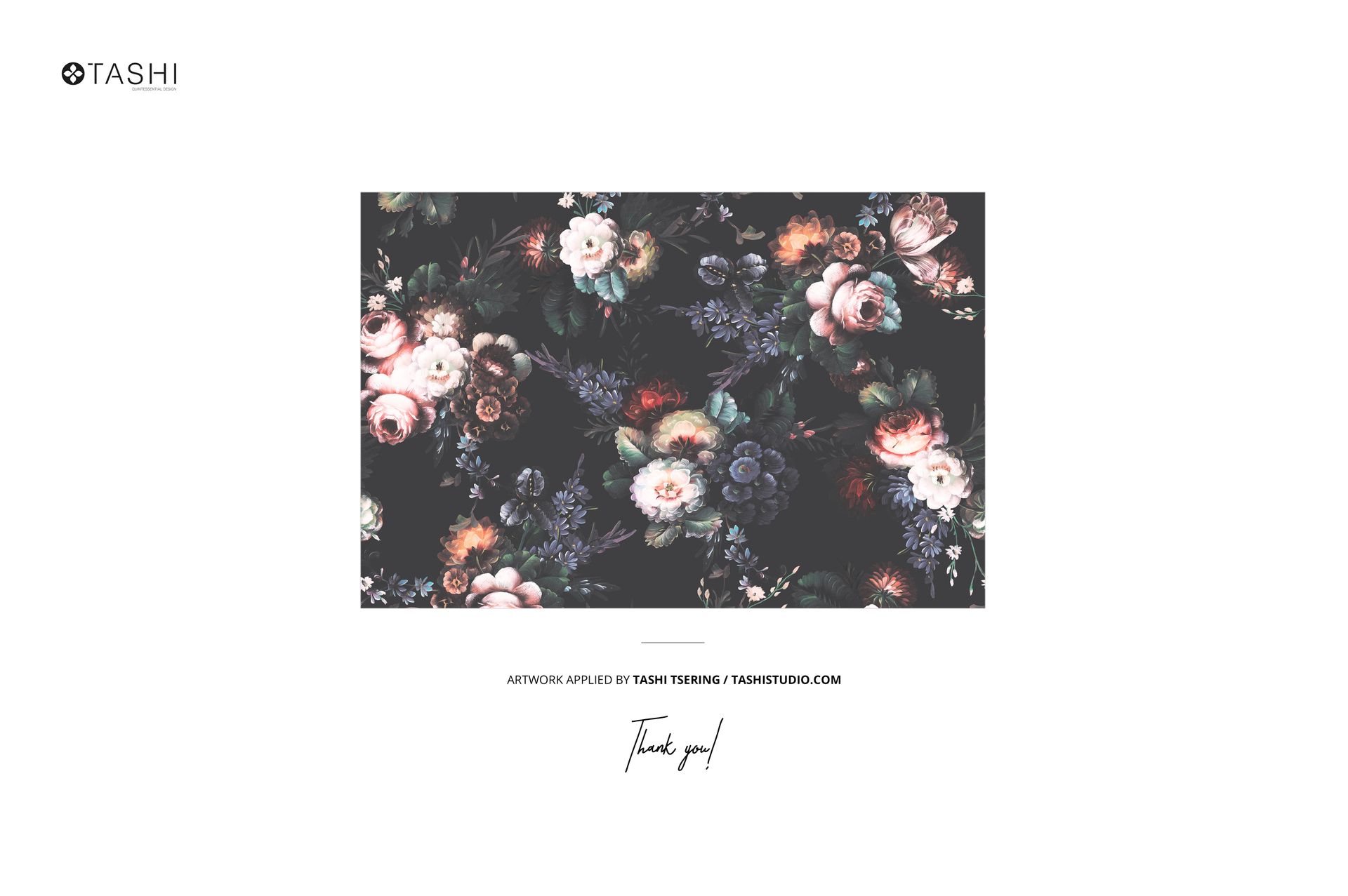 Rectangular mockup featuring a detailed floral design with various blossoms on a dark background, centered layout.