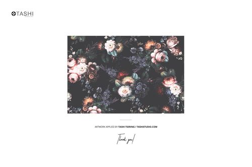 Rectangular mockup featuring a detailed floral design with various blossoms on a dark background, centered layout.