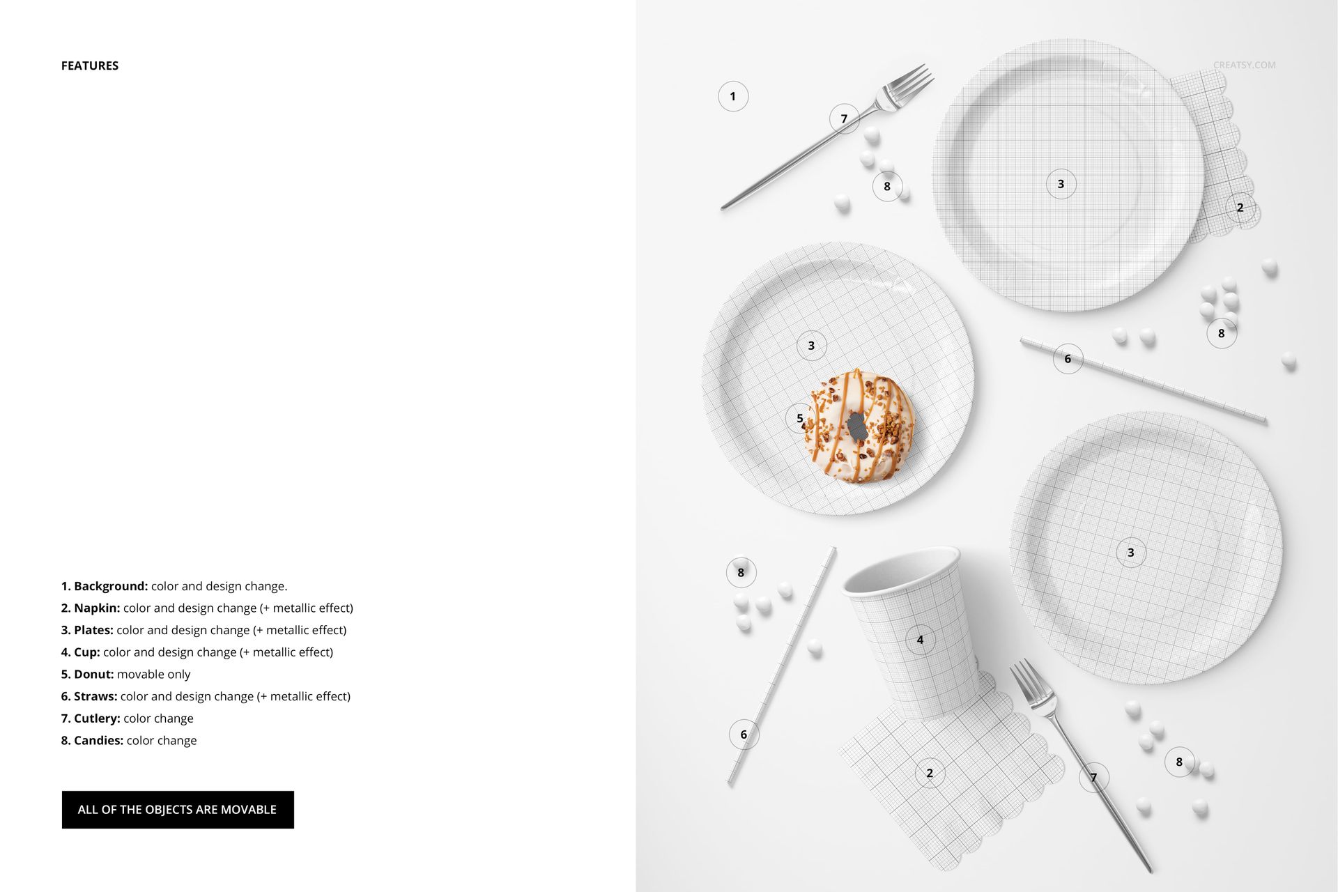 Disposable paper plates, cup, and napkin with grid pattern shown in a top view mockup, surrounded by forks and small props.