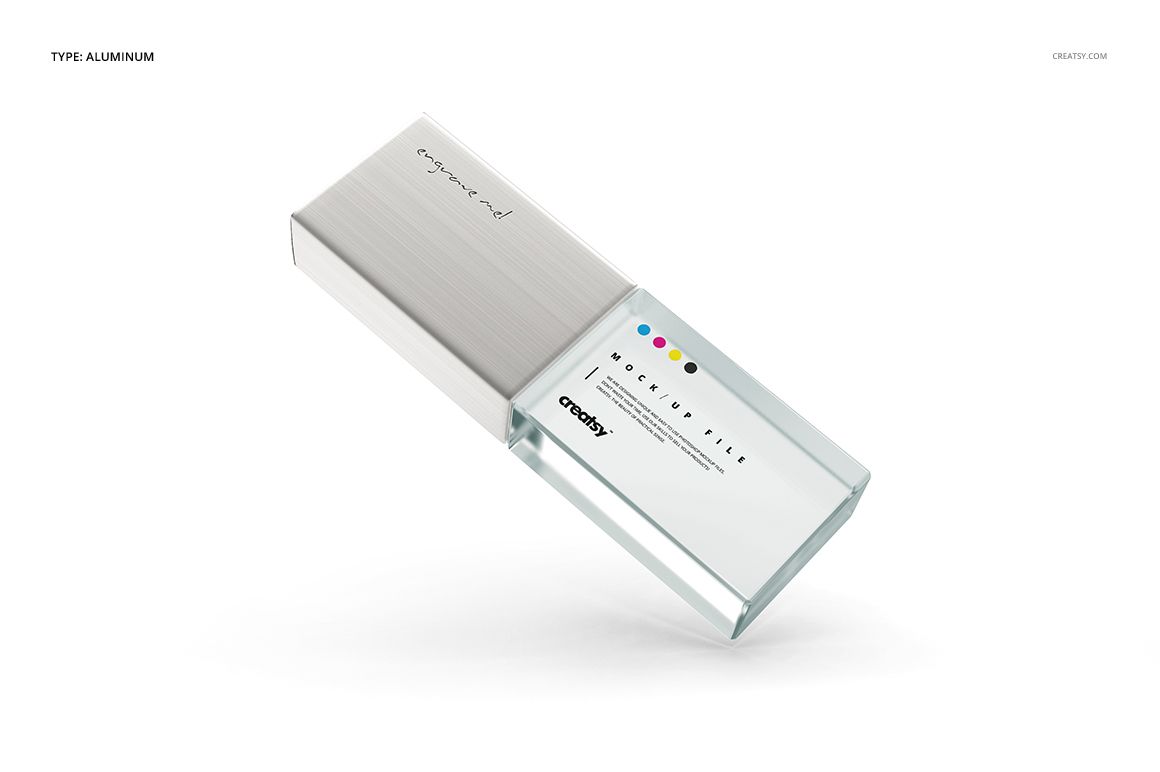 Modern acrylic USB drive mockup featuring a clear rectangular body and brushed aluminum cap, isolated on white.