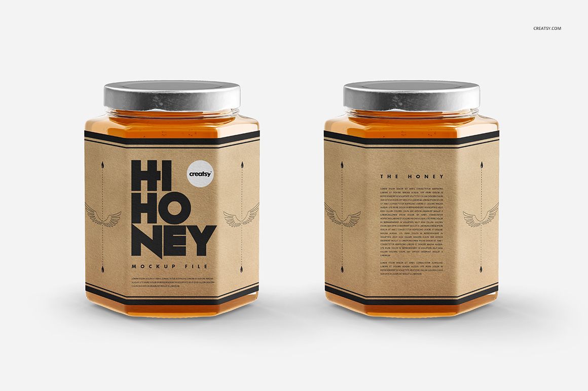 Honey jar PSD mockup showing hexagonal glass jars with brown paper labels and metallic lids, viewed from the front and back.