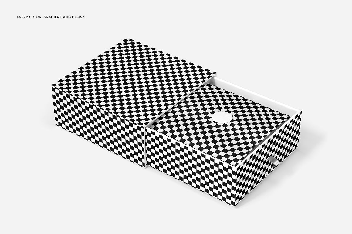 Gift box mockup featuring a two-piece design with a black and white checkerboard pattern, viewed from above.
