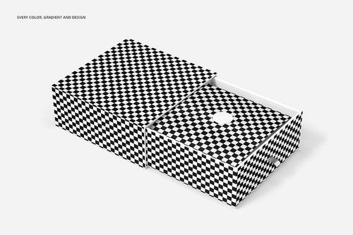 Gift box mockup featuring a two-piece design with a black and white checkerboard pattern, viewed from above.