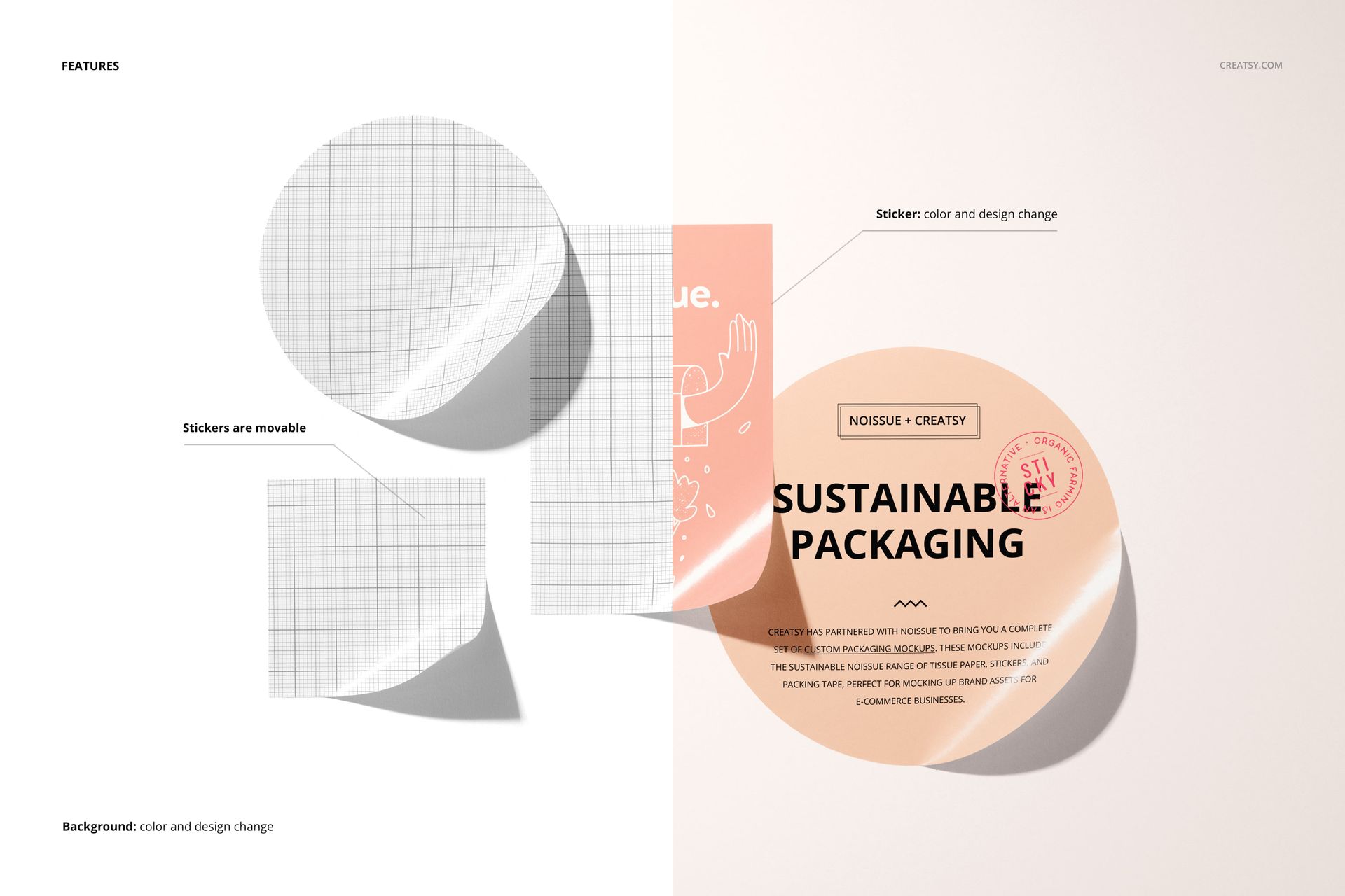 Mockup of various sticker shapes displayed on a white surface, featuring grid and pastel designs with realistic shadows.