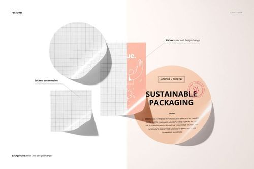 Mockup of various sticker shapes displayed on a white surface, featuring grid and pastel designs with realistic shadows.