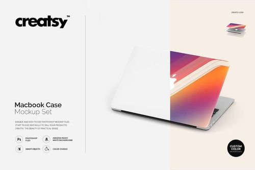 PSD mockup of a Macbook case with a colorful abstract pattern, displayed partially open on a neutral white surface.