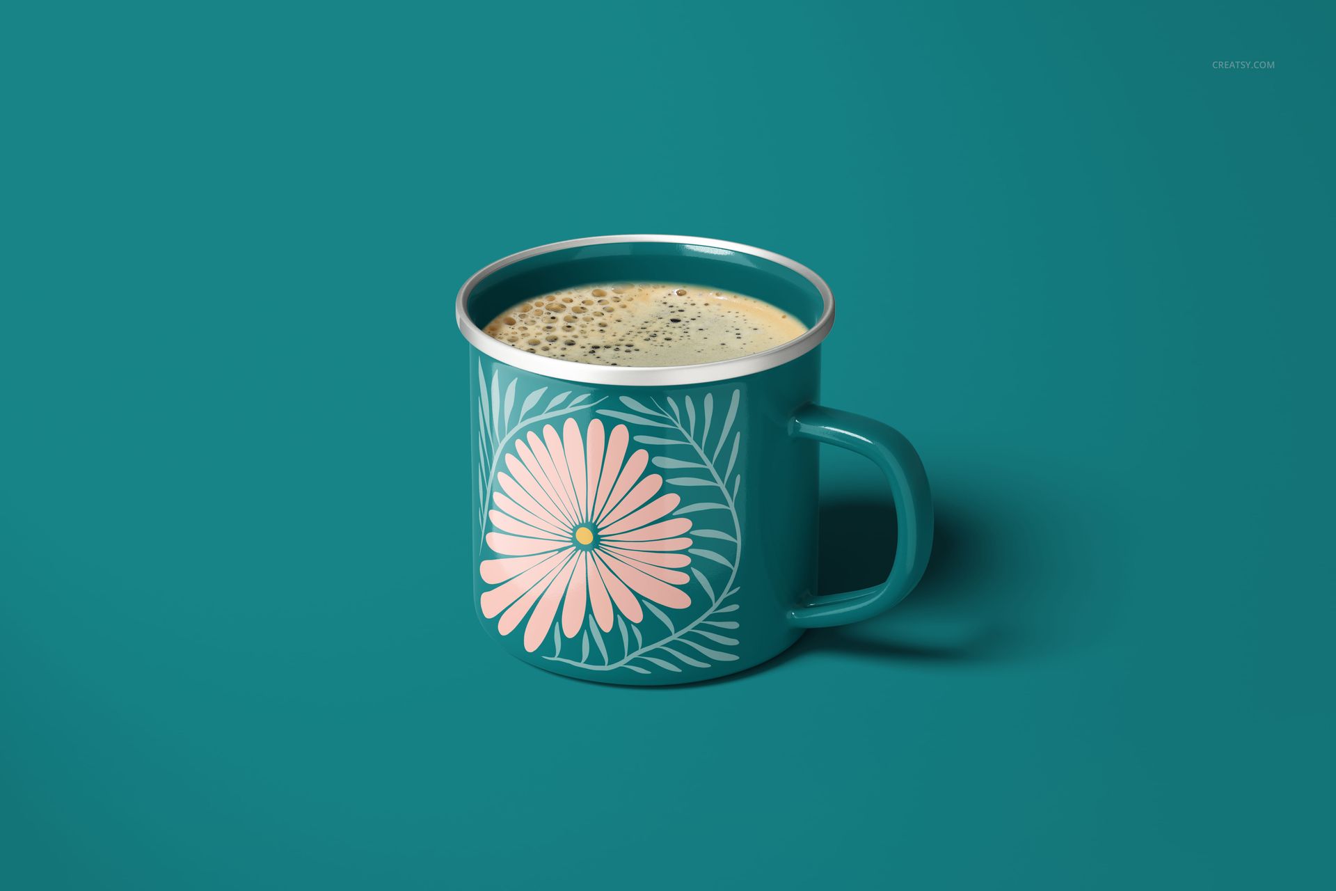 Front view of a 360ml enamel mug mockup with a silver rim and pastel flower pattern on a solid teal surface.