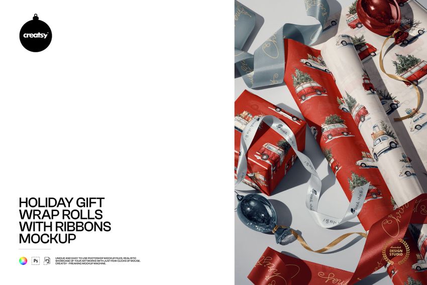 Holiday Gift Wrap Rolls with Ribbons Mockup - mockup screenshot 1