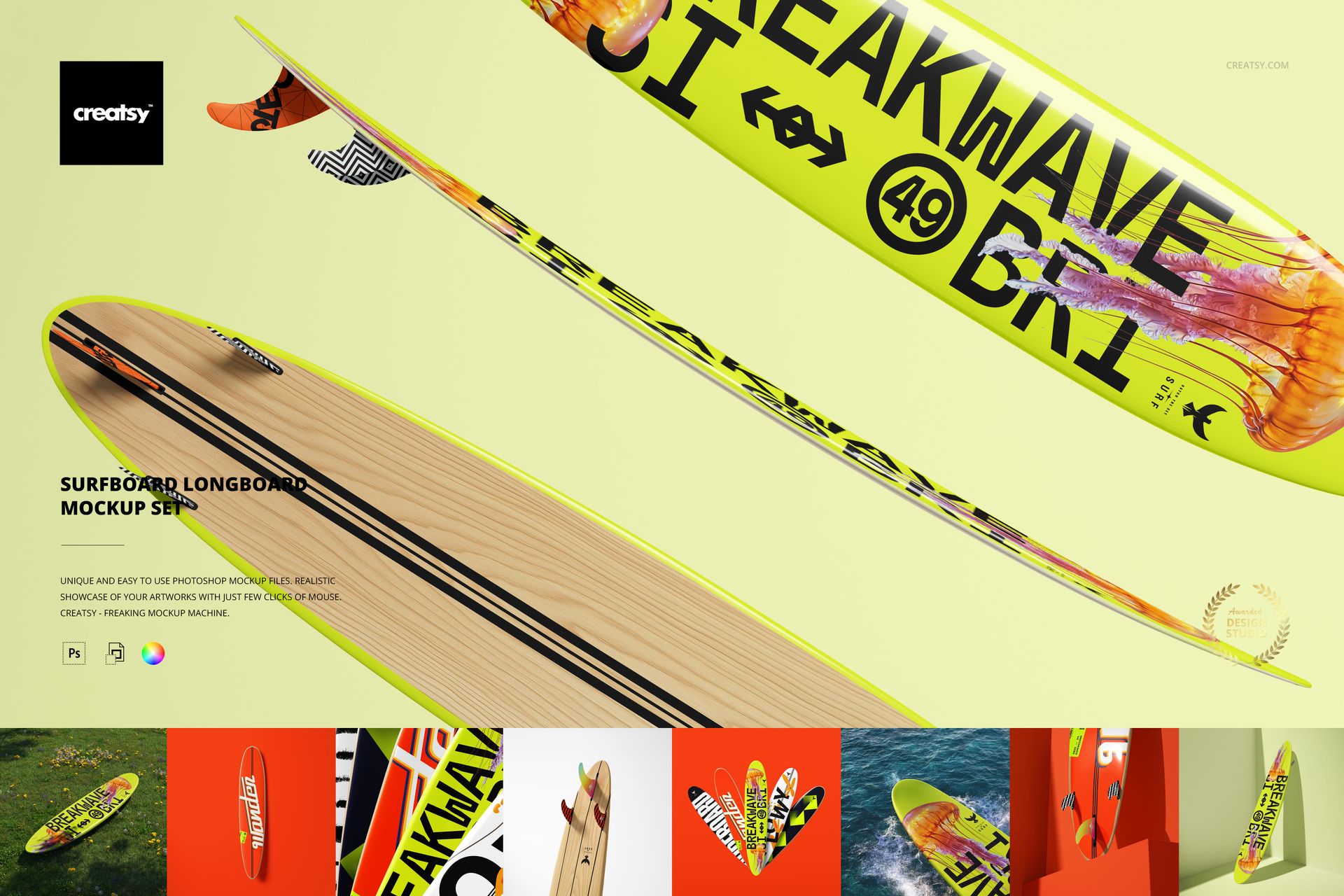 Longboard surfboard mockup featuring a yellow board with bold black graphics, shown from a side and top view on a light background.