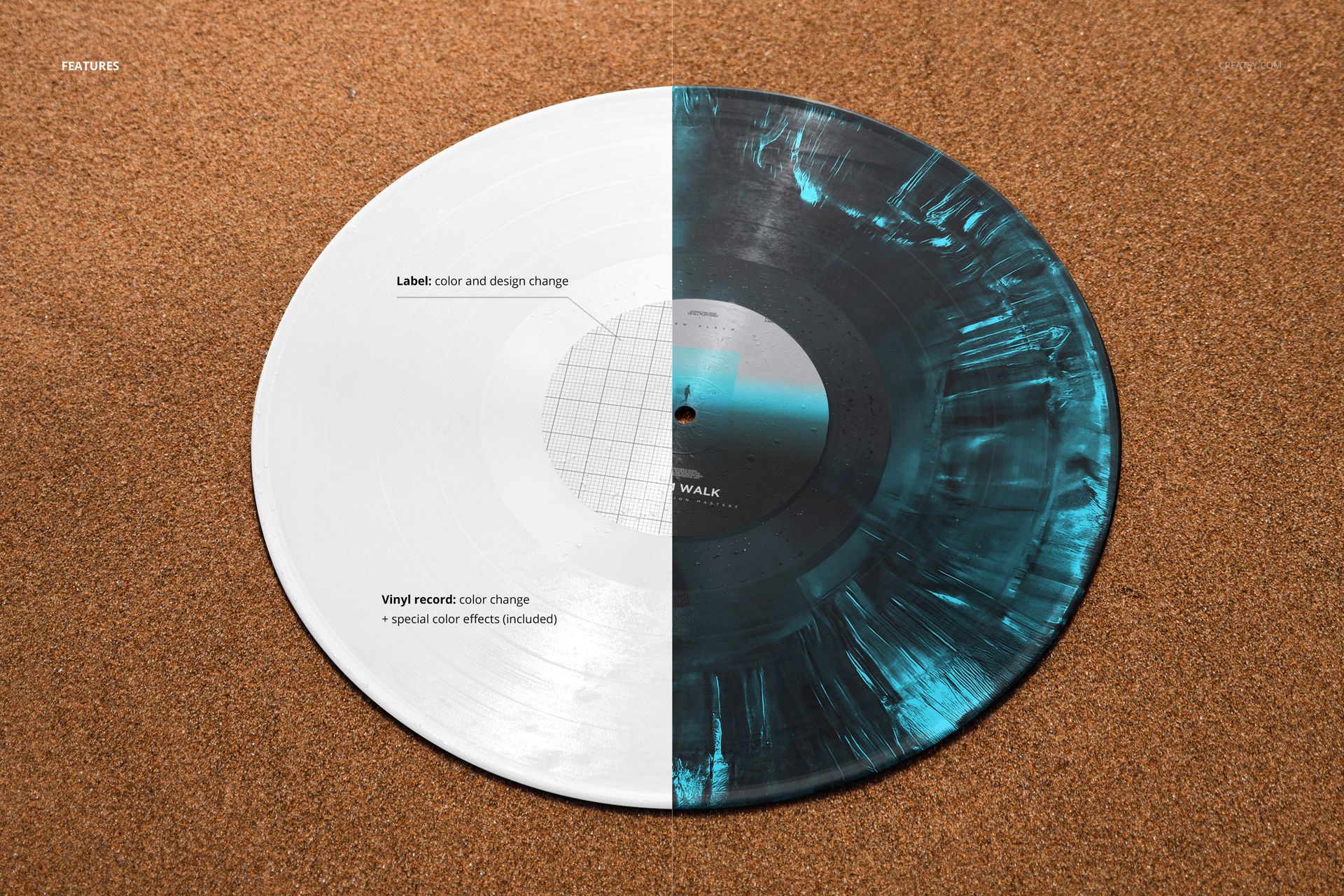 Vinyl record mockup lying on sandy beach with ocean waves in the background, split design in white and blue.