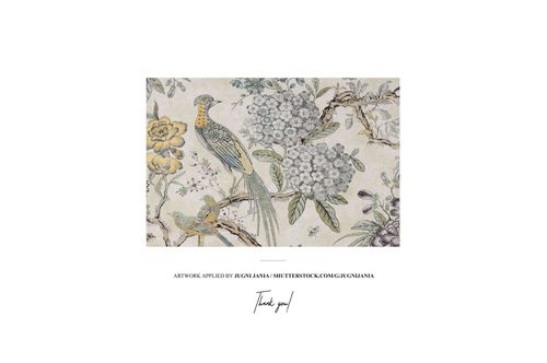 Rectangular canvas print mockup featuring a botanical and bird illustration in muted tones, shown from the front.